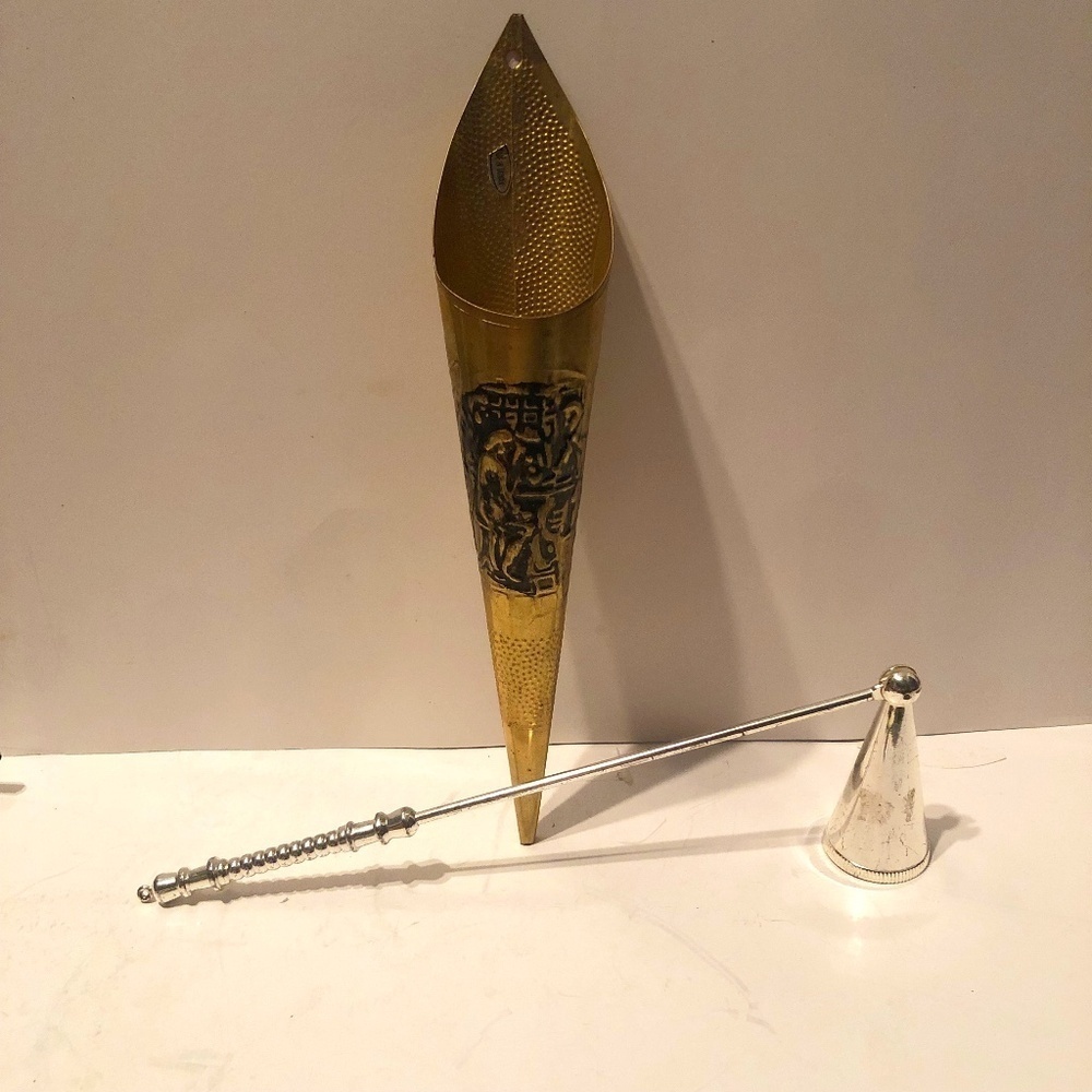Vintage brass cone shaped match holder  with silver candle snuffer.
